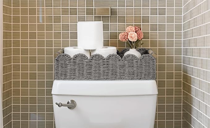 CubesLand Toilet Paper Storage Basket, Scalloped Edge Shelves Basket for Organizing for Over Toilet Tank Storage, Home Decor Baskets for Shelf, Countertop, Living Room, Bedroom, Handwoven, Grey - Image 5