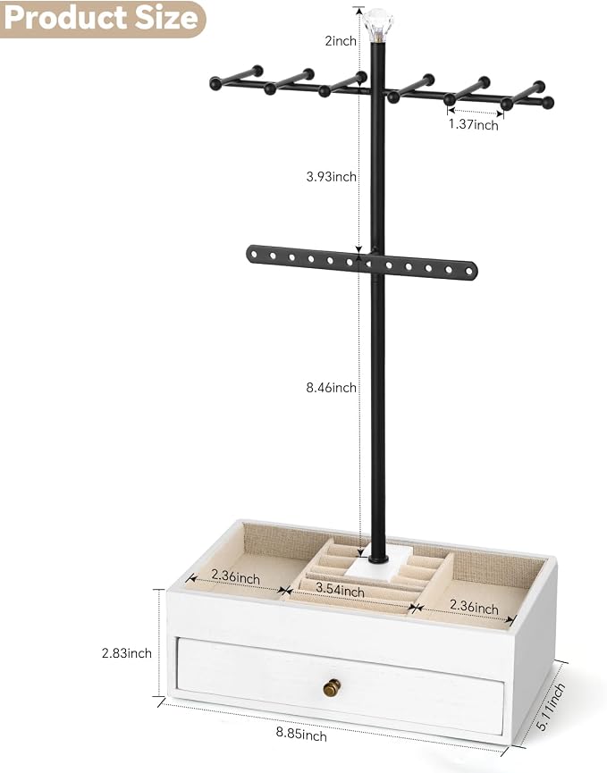 Meangood Jewelry Organizer Stand, 3-Tier Necklace Holder Jewelry Tree with Wooden Storage Drawer Box for Necklace Bracelet Earring Ring,White - Image 7
