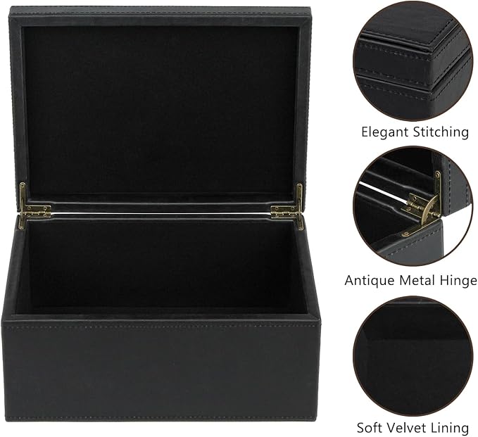 HofferRuffer Faux Leather Decorative Box, Large Wooden Structure Keepsake Box Accessory Organizer Jewelry Organizer with Hinged Lid, Storage Container for Home or Office (Black) - Image 3