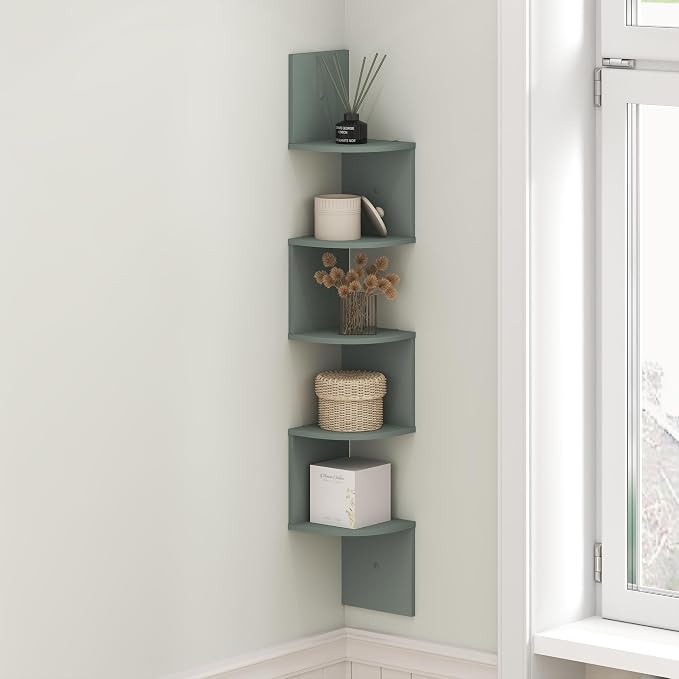 Furinno Rossi Floating Book Shelves for Wall, 5-Tier Zigzag Corner Shelf Wall Mounted, Radial Corner Floating Shelf, for Living Room, Bedroom, Bathroom, Home Office, Sage Green - Image 2