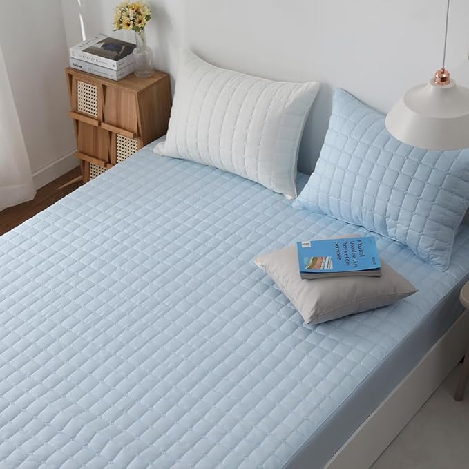 Quilted 100% Cotton Mattress Cover – 6 Colors, Machine Washable, Breathable & Stretchy, Fits up to 16-Inch Deep, Twin/Full/Queen/King (Blue, Twin)