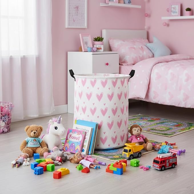 HIYAGON Baby Laundry Basket Baby Hamper for Nursery Girl Kids Butterfly Hamper Cute Kids Toys Storage Bin Organizer Butterfly Room Decor for Home(Pink Hearts) - Image 3