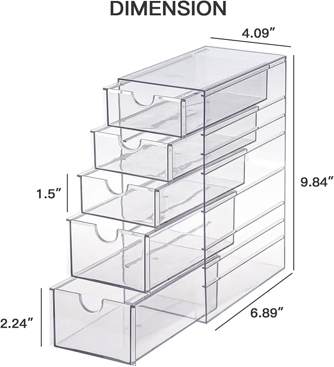 FABROK Clear Hair Accessory Organizer Box with 5 Drawers, Compact Storage Organization Drawers Set for Cosmetics, Glasses, Stationery, Stackable Storage Containers Box for Bathroom, Closet, Office - Image 3
