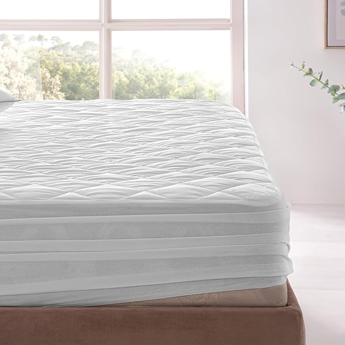 YATAS BEDDING Perle Quilted Fitted Mattress Protector, Machine Washable and Easy Care, Superior Protection and Comfort,100% Cotton Breathable top, White (White, King) - 76"x80" - 14" Deep Pocket