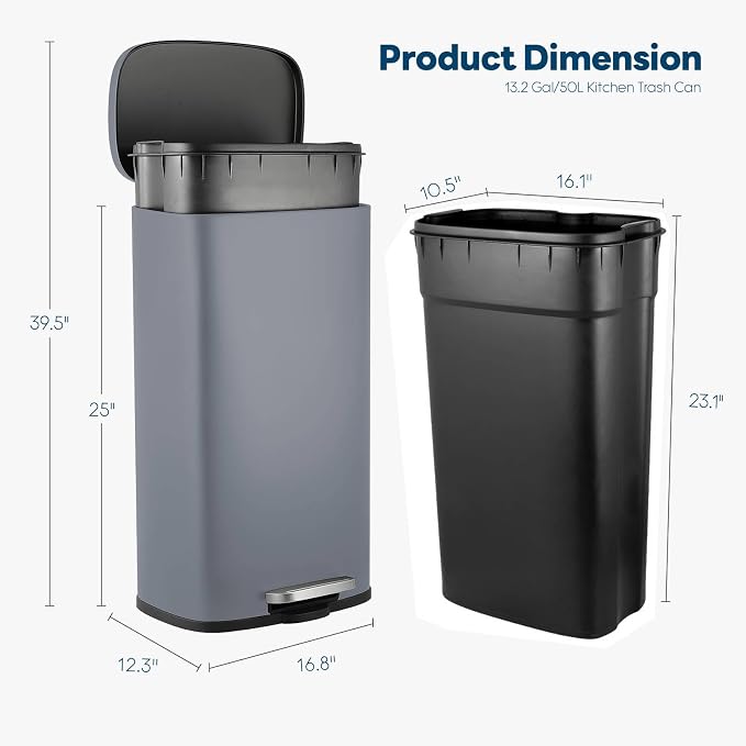 13.2 Gal Kitchen Trash Can, 50L Recycling or Garbage Bin, Brushed Stainless Steel Waste Basket, Soft&Quiet Close Dustbin, with Step-On Pedal, Removable Inner Bucket, for Home, Office, Living Room - Image 2