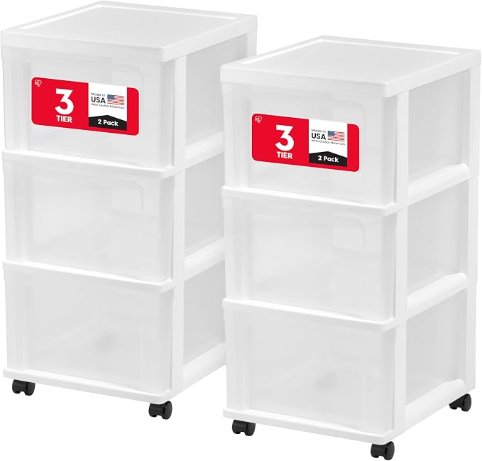 IRIS USA Plastic 3-Drawer Storage Organizer Rolling Cart, with Wheels Casters, 2-Pack, for Classroom Art Supplies Bathroom Dorm Bedroom Laundry Room, Slim Narrow, White/Clear by IRISUSA