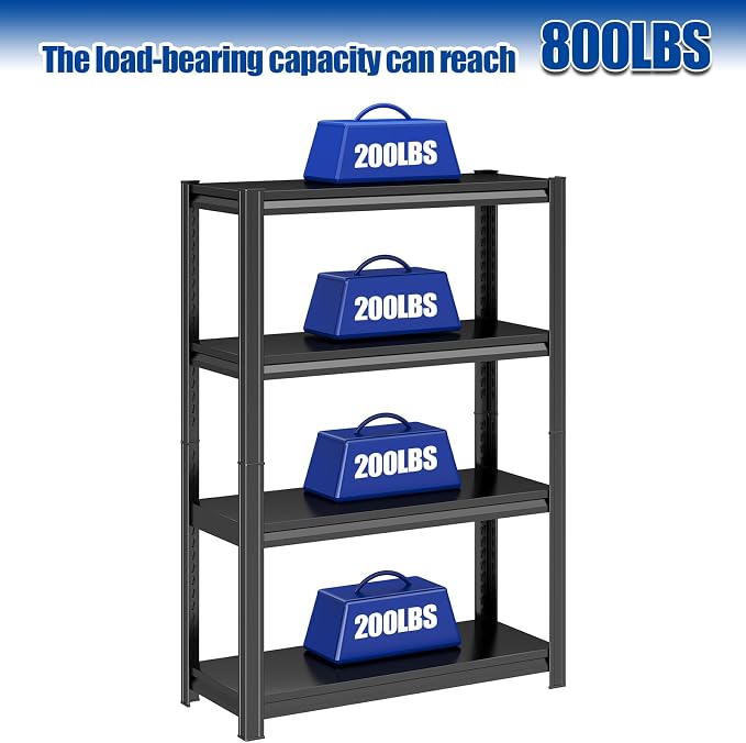 PRESTELION 4 Tier Storage Shelves 800LBS Metal Heavy-Duty Shelving Adjustable Shelving Unit for Laundry Bathroom Kitchen Pantry Closet Garage Office Black（44" H×31.5" W×11.8" D） - Image 3