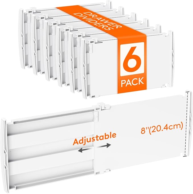 Lifewit 8" Tall 6 Pack Drawer Dividers, 35-56.5cm/13.8-22.2" Expandable Drawer Divider for Clothes, Adjustable Dresser Drawer Organizers, Drawers Separators for Dresser/Bathroom/Closet/Kitchen White by Lifewit