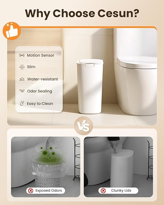Cesun Motion Sensor Trash Can, 5 Gallon Automatic Bathroom Garbage Can with Lid, Touchless Smart Plastic Slim Wastebasket for Bathroom, Office, rv, Bedroom, Living Room, White - Image 7