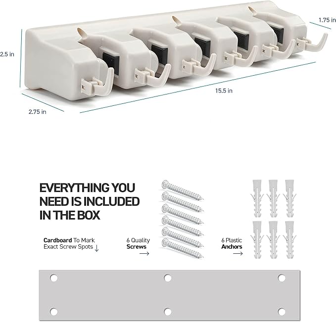 Mop and Broom Holder Wall Mount 2 Pack - Garage Storage Organizer with 5 Slots, 6 Hooks, 7.5lbs Capacity Per Slot - Home, Kitchen, Closet, Laundry Room Organization – Off-White Broom Hanger - Image 2