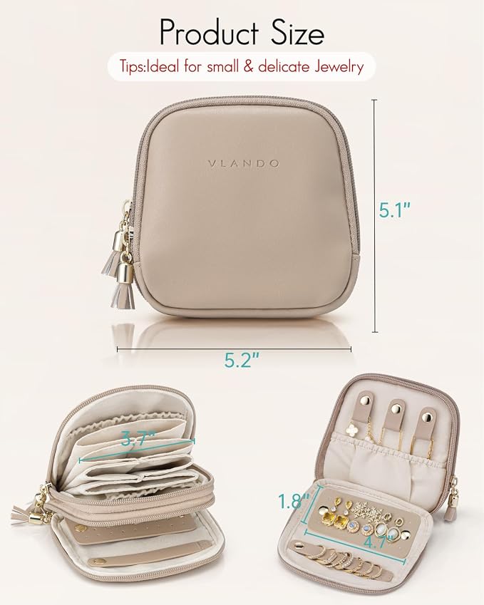 VLANDO Travel Jewelry Case,2-Layer Jewelry Organizer for Travel,Mothers Day Mom Gifts Teacher Gift,Multi-Compartment Jewelry Storage for Rings Earrings Necklaces Bracelets-Toffee - Image 5