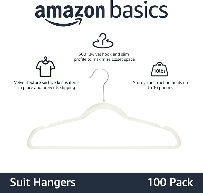 Amazon Basics Slim Velvet Non-Slip Space Saving Suit Clothes Hangers for Closet Organization, Ivory/Beige, 100-Pack - Image 2