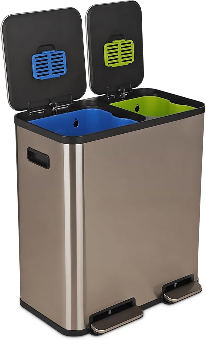 Simpli-Magic 70 Liter / 18.5 Gallon Rectangular Hands-Free Dual Compartment Recycling Kitchen Step Trash Can with Soft-Close Single Lid, Stainless Steel (40L x 30L Capacity) Rose Gold Finish by Simpli-Magic