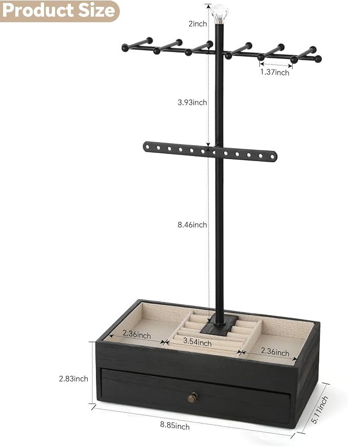 Meangood Jewelry Organizer Stand, 3-Tier Necklace Holder Jewelry Tree with Wooden Storage Drawer Box for Necklace Bracelet Earring Ring,Black - Image 7