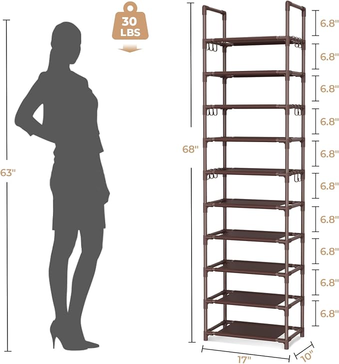 VTRIN 10 Tiers Tall Shoe Rack Holds 20-25 Pairs of Shoes Sturdy Vertical Shoe Organizer with 18pcs Hooks Stackable Narrow Shoe Rack for Closet, Entryway Brown - Image 3