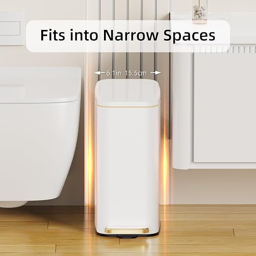 KSSKSS Small Bathroom Trash Can with Lid Soft Close, Step Pedal, 6L / 1.6 Gal Stainless Steel Garbage Bin with Removable Inner Bucket, Slim Wastebasket for Narrow Spaces (White) - Image 2