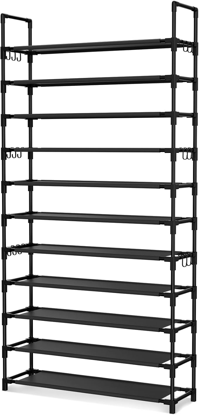 LANTEFUL 11 Tiers Tall Shoe Rack Holds 55 Pairs of Shoes with 18pcs Hooks Sturdy Wide Shoe Organizer Storage Free Standing Metal Shoe Shelf for Closet, Entryway Black - Image 8