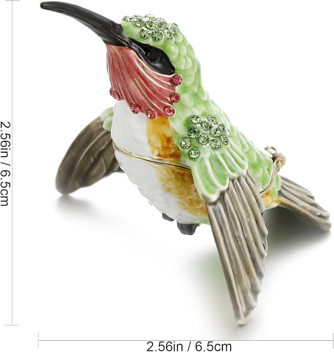 Hand Painted Enamel Hummingbird Trinket Box for Home Decor, Hinged Jewelry Organizer for Ring Earrings, Unique Figurine Keepsake Collectible Personalized Handmade Ornament Gifts (Green Hummingbird-1) - Image 2