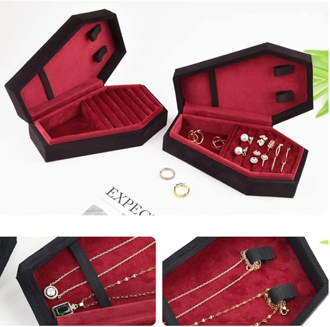 Velvet Coffin Jewelry Travel Case Holder for Gothic Wedding Ceremony Jewelry Organizer Decoration (Black and Red) - Image 3