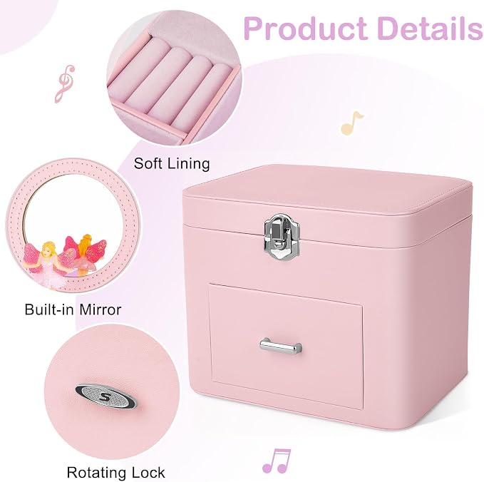 Basumee Musical Jewelry Box for Girls PU Leather Music Box with Drawer Large Kids Jewelry Organizer with Unicorn/Ballerina Jewelry Storage for Little Girls Ages 3–10, Birthday & Holiday Present - Image 3