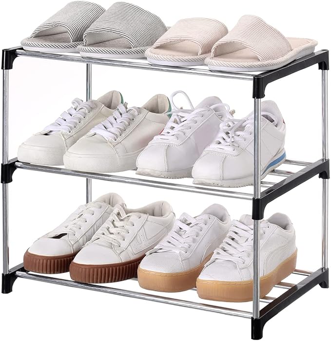 Jucaifu Stackable Small Shoe Rack, Entryway, Hallway and Closet Space Saving Storage and Organization (3-Tier, Black) by Jucaifu