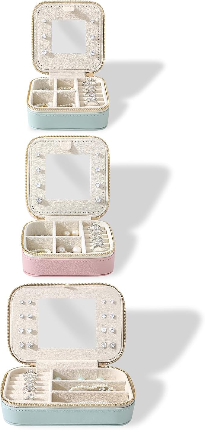 Genuine Leather Travel Jewelry Organizer Case with Mirror for Women, Small Mini Portable Jewelry Box for Ring Earrings Necklace Bracelet Luxury Gift for Women（Cyan） - Image 6