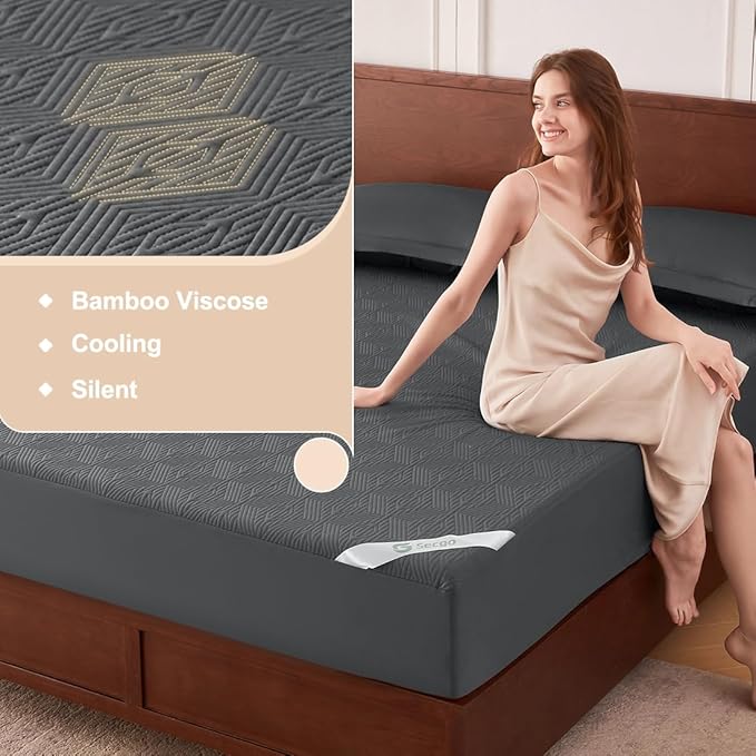 Black Premium Jacquard 100% Waterproof Twin XL Mattress Protector, Noiseless, Anti - Slip, Breathable Bed Cover, Rayon from Bambo, Quilted, Mattress Pad Sheet, Deep Pocket 8"-21"