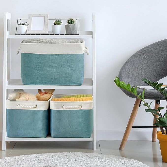 TheWarmHome Organization and Storage basket for Organizing - 3 Pack 16x12x12 inch Cube Storage Bin for Shelves, Fabric Storage Cubes for Organizer Cloth Closet Toy Box (White & Green) - Image 4