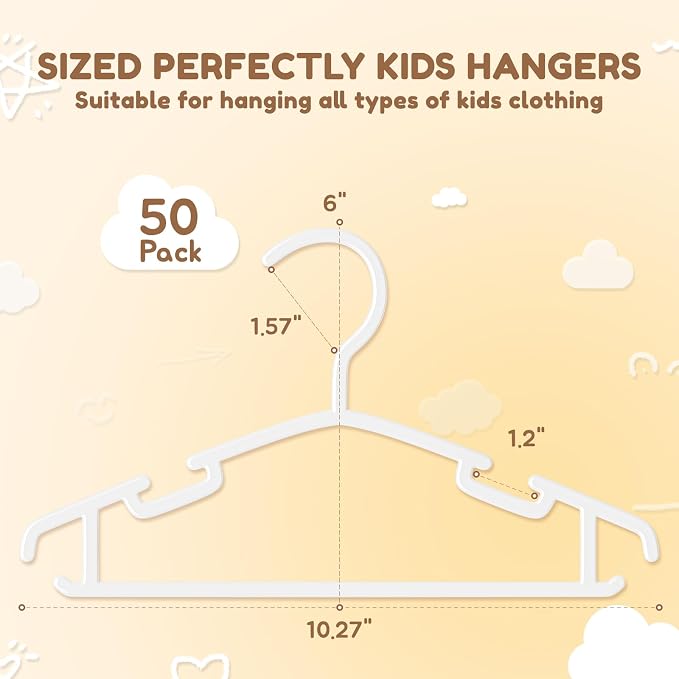VILICK Kids Plastic Hangers, Baby Clothes Hangers for Closet 50 Packs Non-Slip Toddler Hangers for Infant Child Clothing, Small Children, for Pants Coats Skirts (White) - Image 2