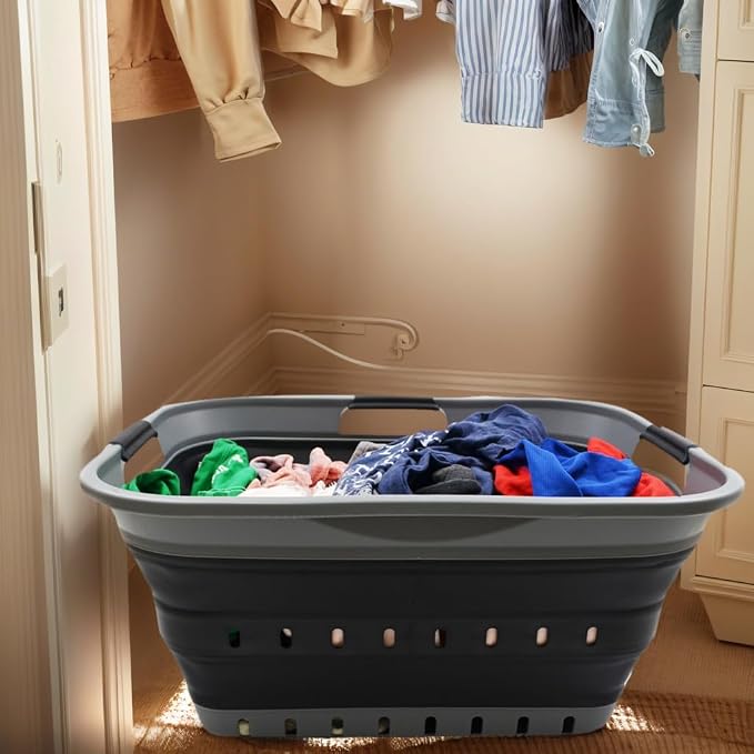 SAMMART 42L Collapsible Plastic Laundry Basket - Foldable Pop Up Storage Container/Organizer - Space Saving Hamper/Basket (1, Grey/Black) - Image 4