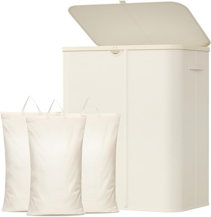 Lifewit 185L Large 3 Section Laundry Hamper with Lid, Plastic Laundry Basket with Bamboo Handles and Removable Bags, Tall Foldable Clothes Hamper for Bathroom Bedroom, White by Lifewit