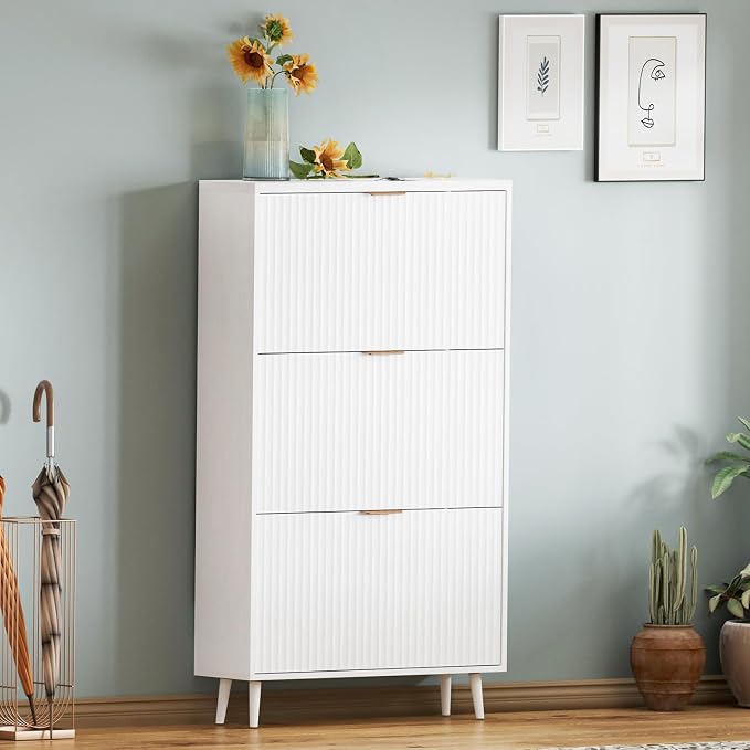 Shoe Cabinet Storage,Modern Freestanding Organizer with 3 Flip Drawers,Narrow Shoe Rack Cabinet for Entryway,White - Image 7