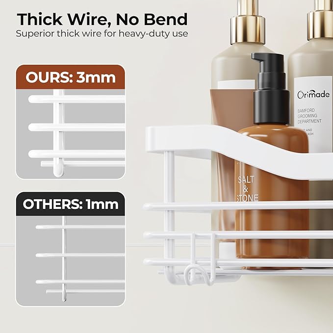 Orimade Shower Caddy Basket Shelf Storage Rack, No Drilling Wall Mounted Adhesive Rust Resistant Stainless Steel Shower Organizer with 5 Hooks for Bathroom, White 2 Pack - Image 4