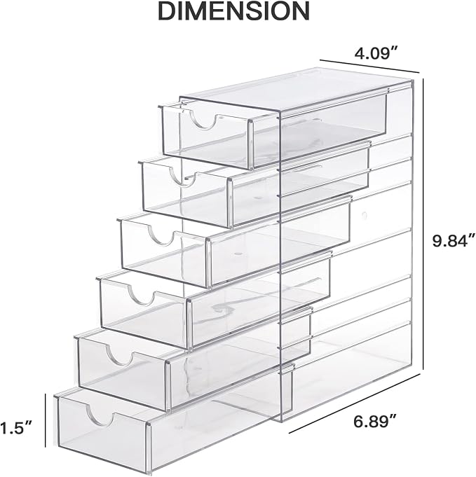 FABROK Clear Hair Accessory Organizer Box with 6 Drawers, Compact Storage Organization Drawers Set for Cosmetics, Glasses, Stationery, Stackable Storage Containers Box for Bathroom, Closet, Office - Image 3