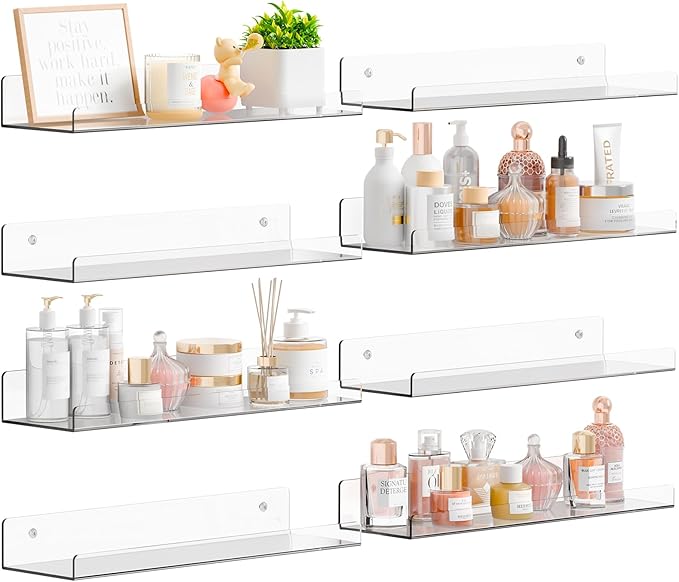 Yieach 8 Pack 15" Acrylic Shelves for Wall,Bathroom,Bedroom - with Adhesive - No Drilling Clear Floating Shelves for Funko Pop,Lego,Action Figures,Nail Polish,Perfume Shelf and Wall Storage & Display by Yieach