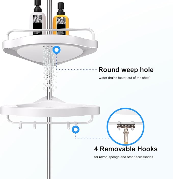 HAMITOR Corner Shower Caddy Tension Pole: Adjustable Stainless Steel Shower Organizer with 4 Tier Shelf for Bathroom Bathtub Tub Shampoo - Floor Standing Rack Bath Storage Holder with Rust Proof Rods - Image 2