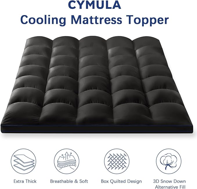 CYMULA Short Queen Mattress Topper, Cooling Bed Mattress Topper, Thick Mattress Pad Cover Pillow Top Mattress Topper, Black Plush Down Alternative Fill