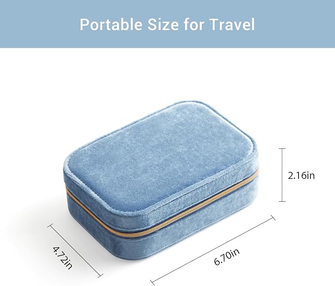 CASEGRACE Plush Velvet Travel Jewelry Box, Portable Jewelry Case for Women Girls, Double Layer Jewelry Organizer Display Box for Necklace Earring Rings Bracelet, Travel Accessory Gifts, blue - Image 3