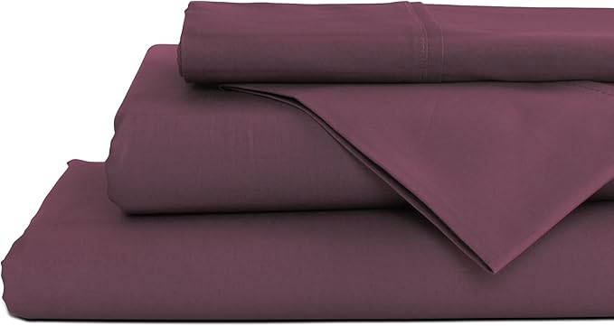 Linen Home 100% Cotton Percale Sheets Queen Size, Damson Berry, Deep Pocket, 4 Pieces Set - 1 Flat, 1 Deep Pocket Fitted Sheet and 2 Pillowcases, Crisp Cool and Strong Bed Linen