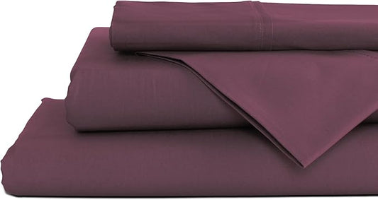 Linen Home 100% Cotton Percale Sheets Full Size, Damson Berry, Deep Pocket, 4 Pieces Set - 1 Flat, 1 Deep Pocket Fitted Sheet and 2 Pillowcases, Crisp Cool and Strong Bed Linen
