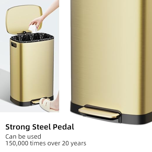 KdbK 13 Gallon Trash Can with Lid, 50L Fingerprint Proof Stainless Steel Kitchen Trash Can with Removable Inner Bucket and Lid Soft Close, Pedal Rubbish Bin for Home Office, Gold - Image 4
