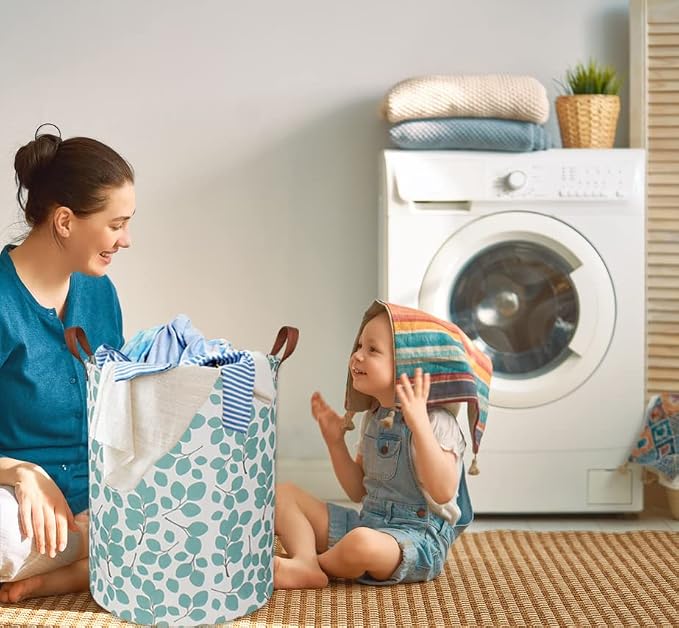 HIYAGON Laundry Baskets,Canvas Fabric Laundry Hamper,Collapsible Toy Storage Organizer Bins,Gift Basket for Bedroom, Clothes, Nursery,Kids,Boys (Eucalyptus leaves) - Image 3