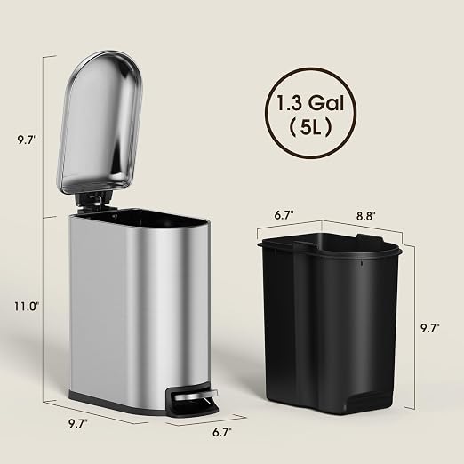 CEROELDA Small Bathroom Trash Can with Lid Soft Close, 5L/1.3 Gallon Stainless Steel Slim Garbage Can, Metal Waste Basket with Step Pedal, for Office, Bedroom, Toilet, Dorm Room (Silver, 1.3 Gallon) - Image 6