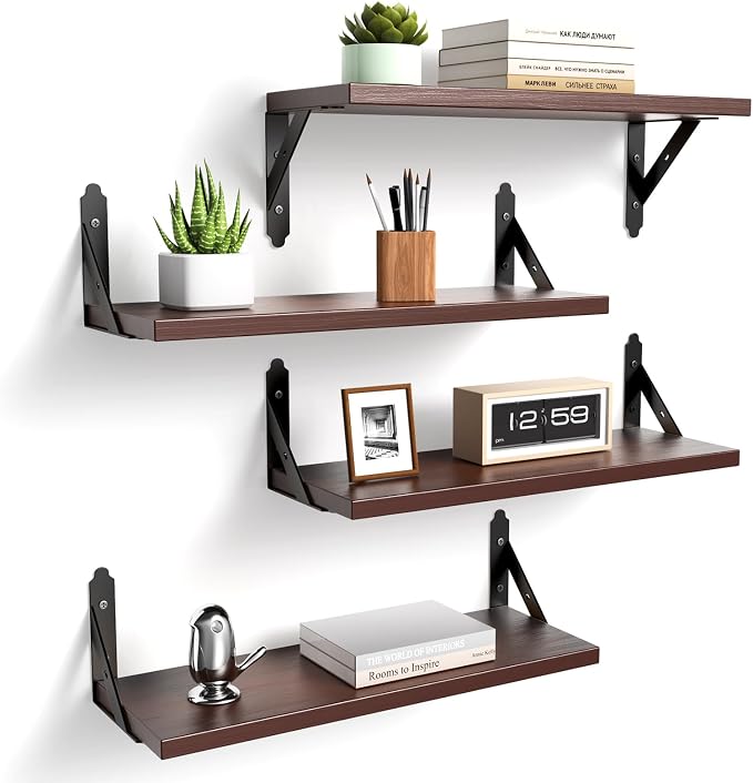 ROMGUAR CRAFT Wood Floating Shelves Set of 4, Rustic Storage Decor Wall Shelves, Wall Mounted Shelf for Living Room, Bedroom 17" x 6", Brown by ROMGUAR+CRAFT