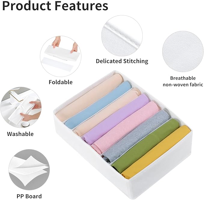 4 Packs T-shirt Drawer Organizers for Clothing,8 Grids Compartment Wardrobe Storage Box, Washable Clothes Organizer for Folded Clothes, T-shirt, Legging, Silk Scarve-White - Image 3