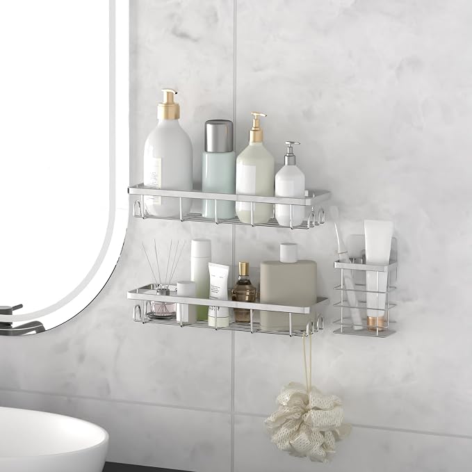 Shower Caddy Organizer with Hooks,Self Adhesive Bathroom Shelves,No Drilling Bathroom Organizers and Storage,Perfect for RV, Apartment, Home Decor,Silvery 4PCS - Image 7