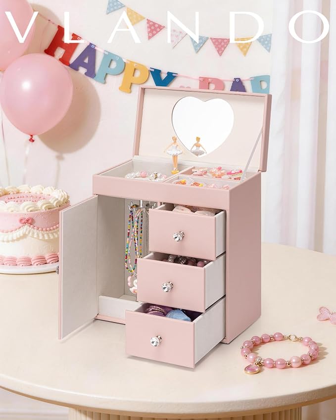 VLANDO Musical Jewelry Box for Girls, Large Kid Music Box with Ballerina for Birthday Bedroom Decor, 4 Layer Girl Jewelry Gifts for Girls Kids - Pink - Image 2