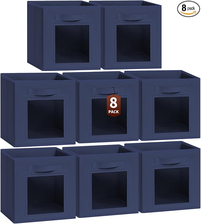 Homsorout Storage Cube 11 Inch - Cube Storage Bins with Window, Closet Storage Baskets with Handle, Fabric Bins for Closet, Shelves, Toys, Clothes, Set of 8, Navy Blue by Homsorout