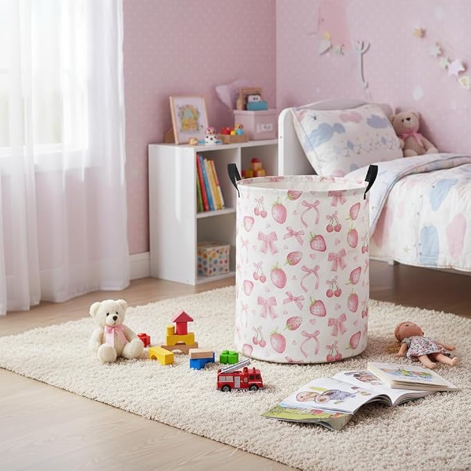 Baby Laundry Hamper kids laundry Basket Waterproof Laundry Bag for Bedroom Toy Clothes Organizer Room Décor(Bowknot strawberry) - Image 4