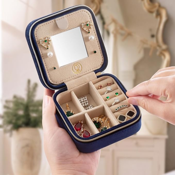 Plush Velvet Travel Jewelry Case,Mini Jewelry Box,Small Jewelry Organizer Portable Display Jewelry Storage Case, for Girls Women (NavyBlue-With Mirror) - Image 2